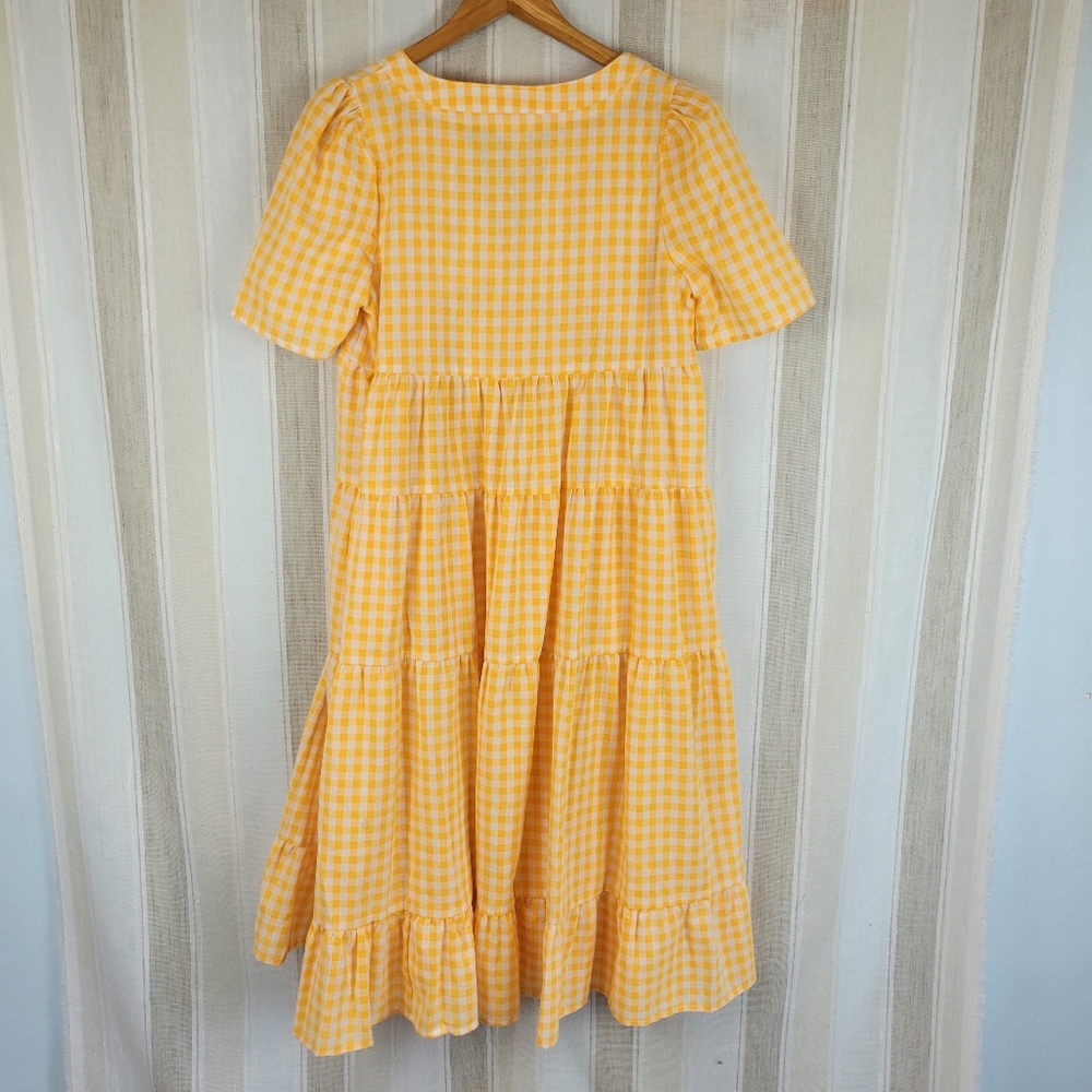 Bibi Gingham Maxi Dress Yellow White Size Medium Cotton Blend Oversized Prairie - Picture 9 of 9